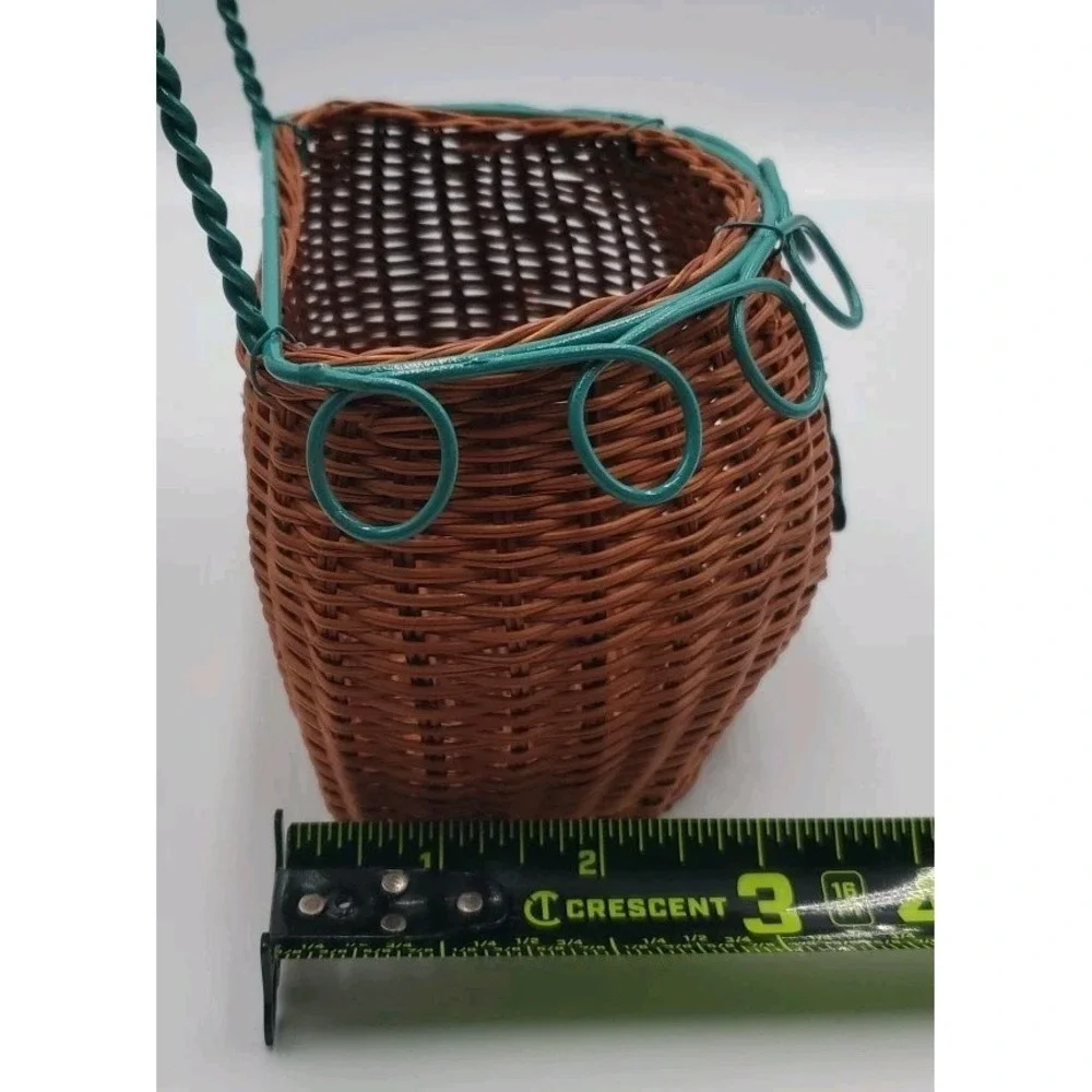 Decorative Hanging Wicker Basket with Green Metal Wire Cottagecore